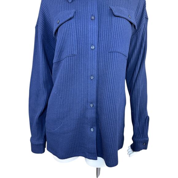 Denim & Co. Sherpa Waffle Knit Shirt Jacket Navy Small NWOT Winter Casual Pocket - Picture 3 of 14